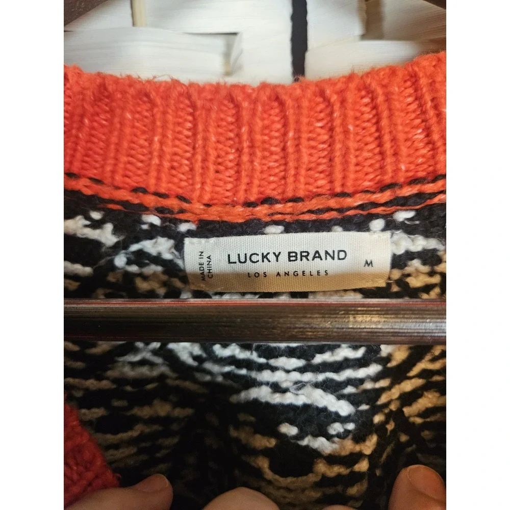 Lucky Brand Womens Medium Orange Sweater Fair Isle Fisherman Ski